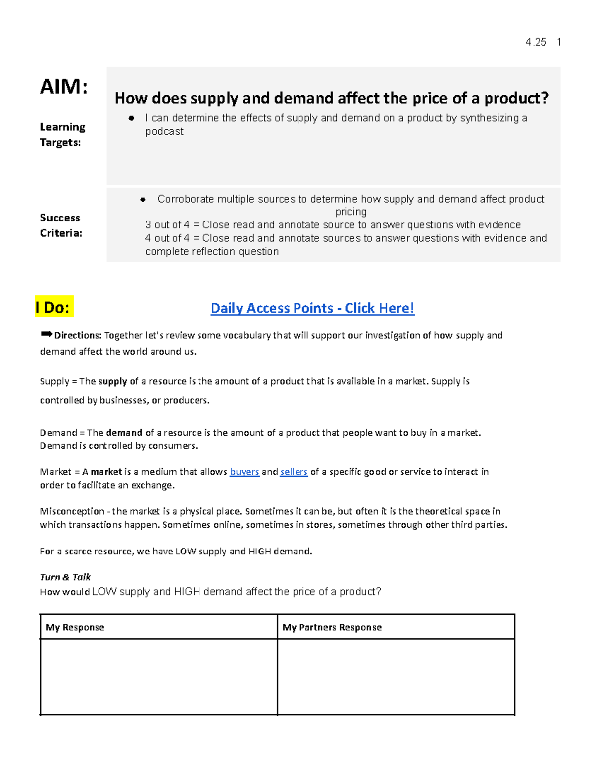 Access Points Nike AIM Learning Targets How does supply and demand affect the price of a