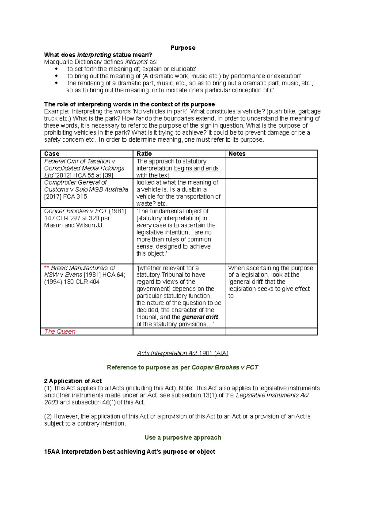 Statutory Interpretation Lecture Notes Introduction - LAW1112 - Monash ...
