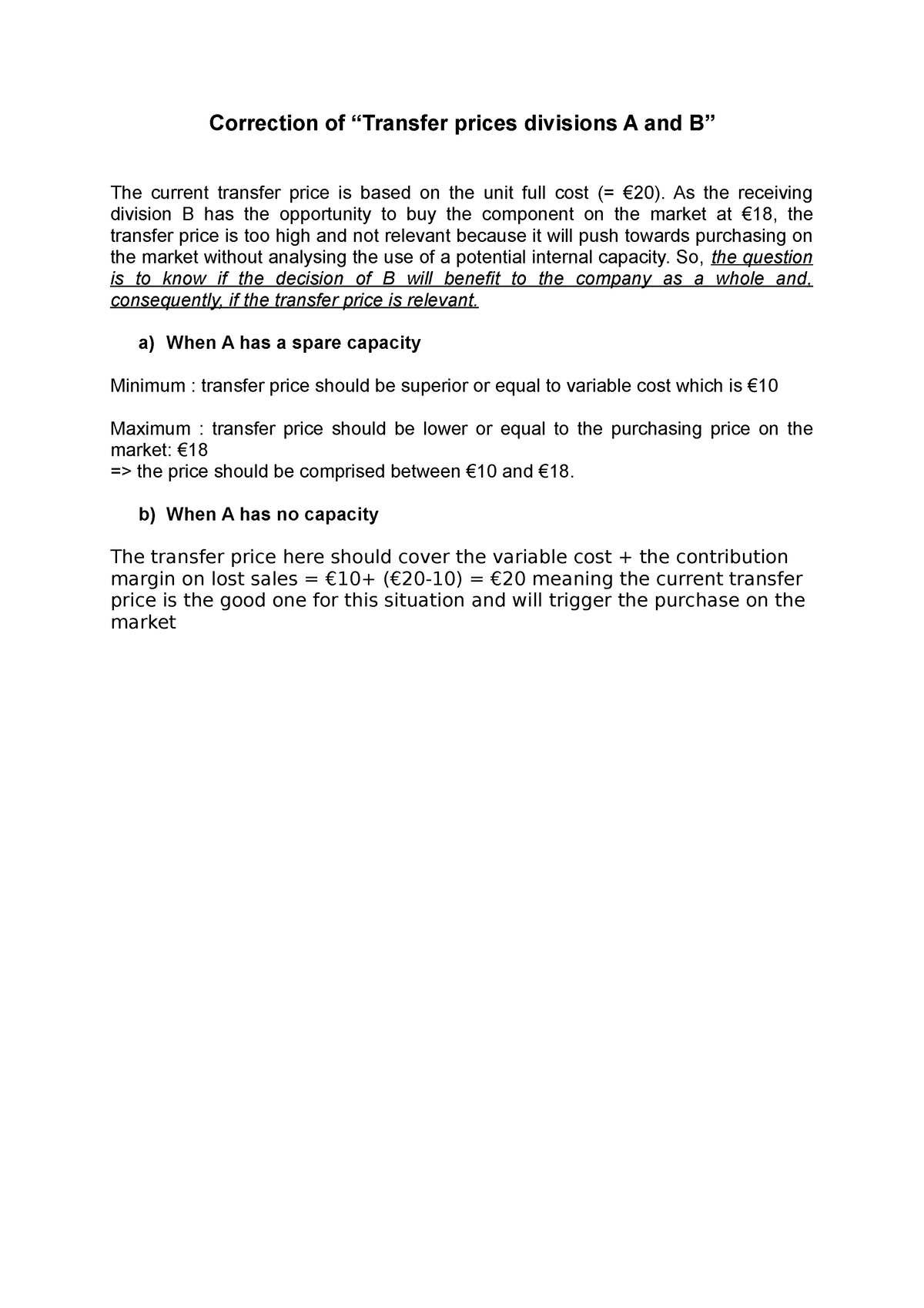 C-Transfer Prices A And B - Correction Of “Transfer Prices Divisions A ...