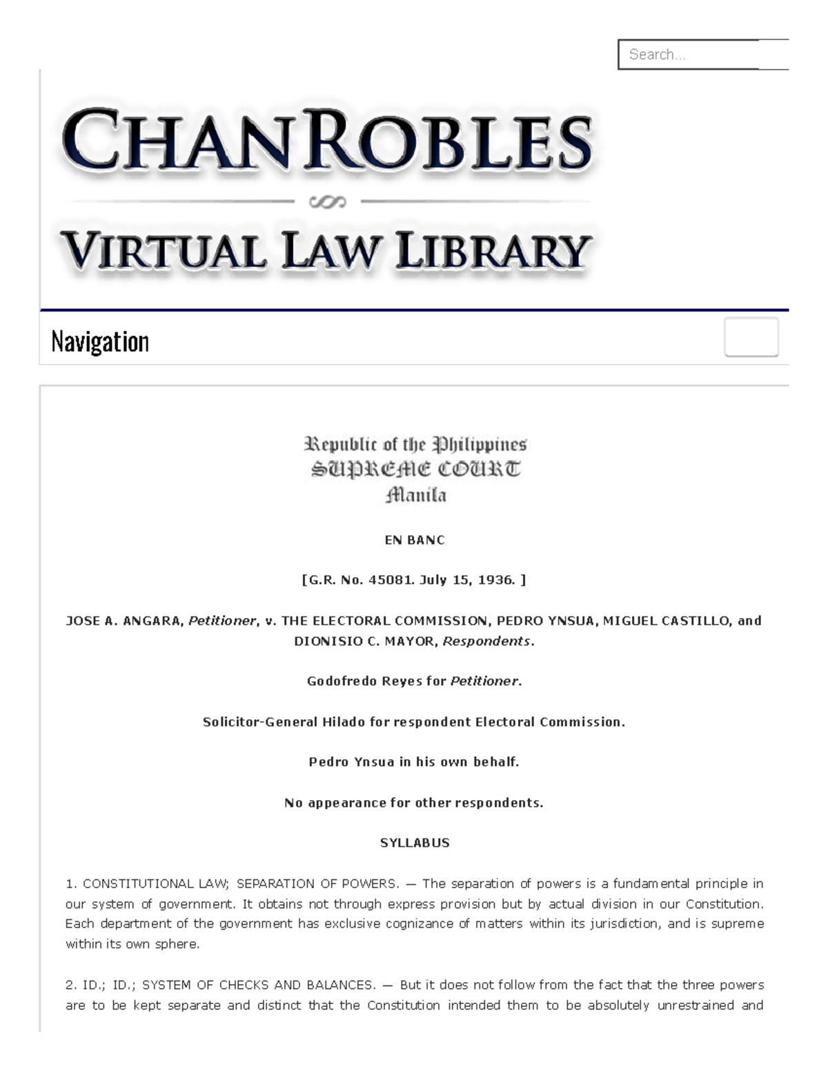 1. Angara VS Electorial Commision - Search... EN BANC [G. No. 45081 ...