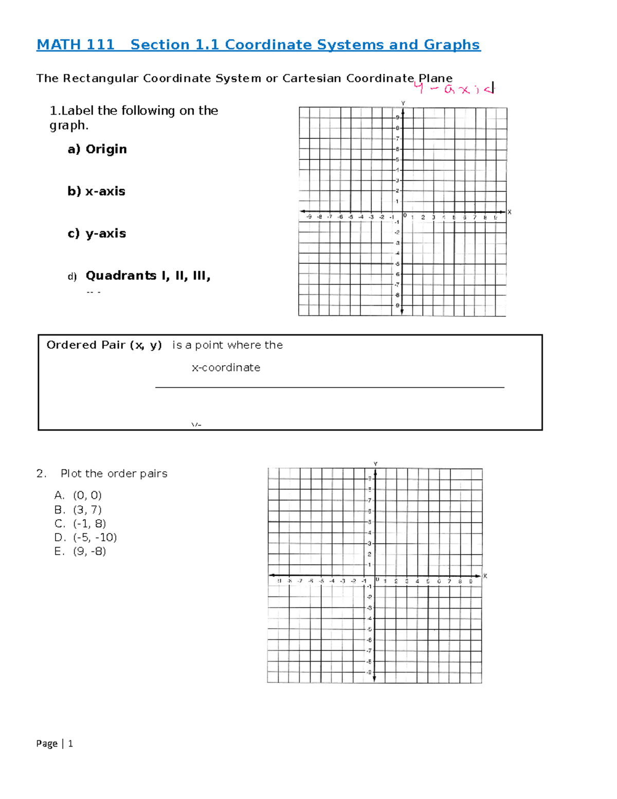 Section 1.1 Coordinate Systems and Graphs - MATH 111 Section 1 ...