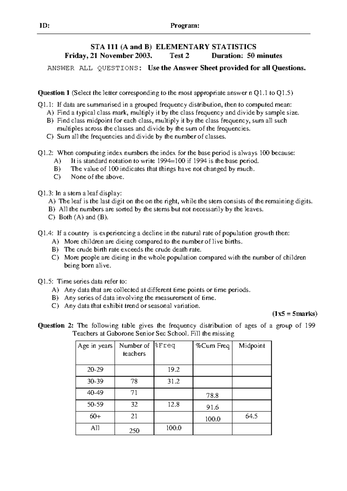 STA111 test2 Nov2003 - Practice - STA 111 (A and B) ELEMENTARY ...