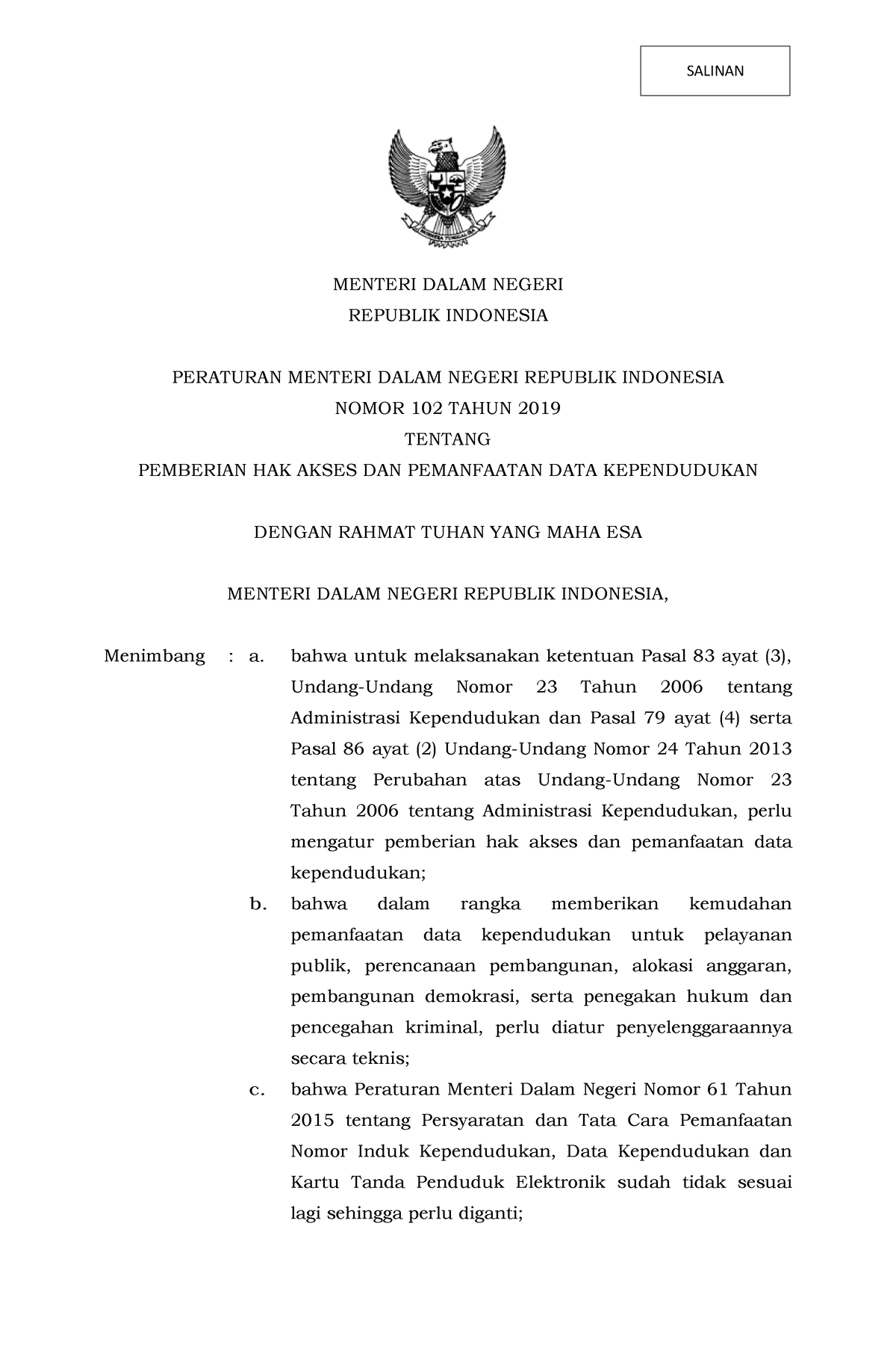 1614668814 Permendagri NO 102 Tahun 2019 - MENTERI DALAM NEGERI ...