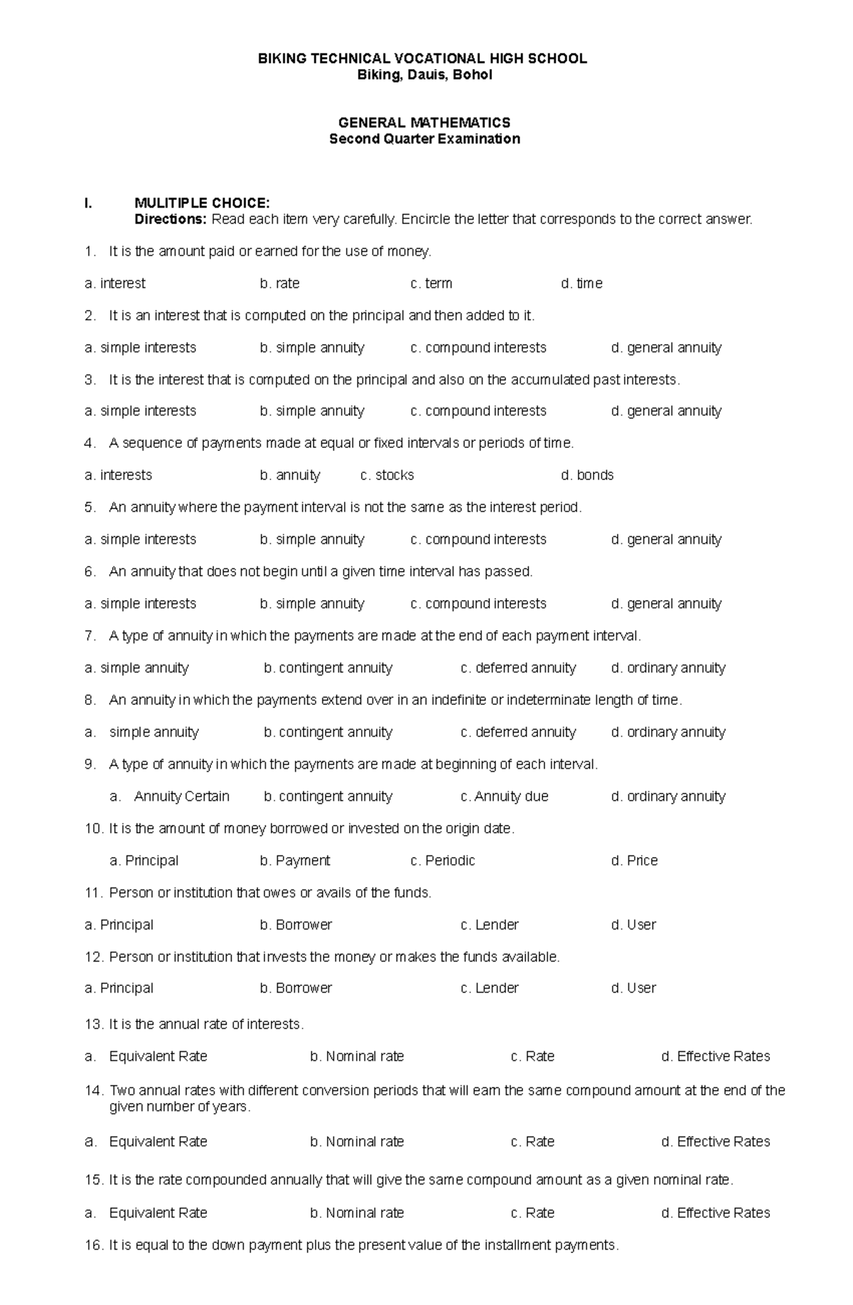 Grade 11 2ND Quarter EXAM IN General Mathematics - BIKING TECHNICAL ...