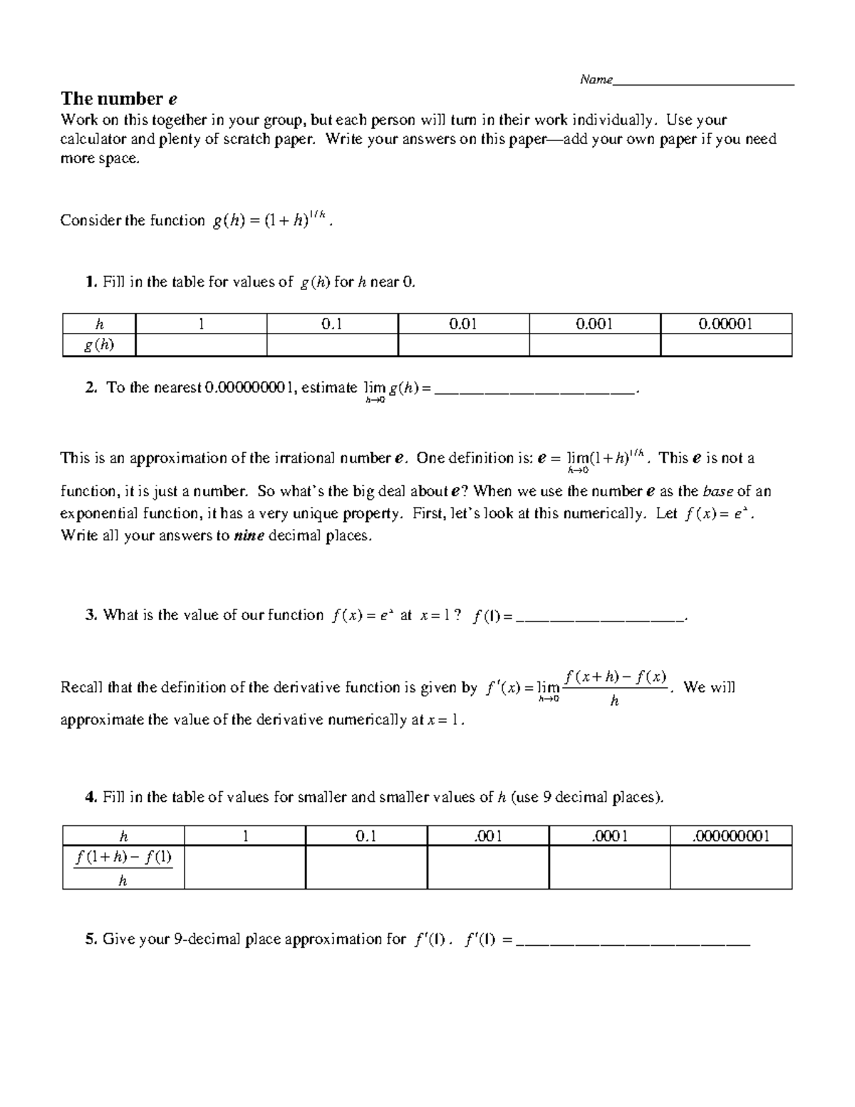 Ch3 Natural Base - Chapter 3 - The number e Work on this together in ...