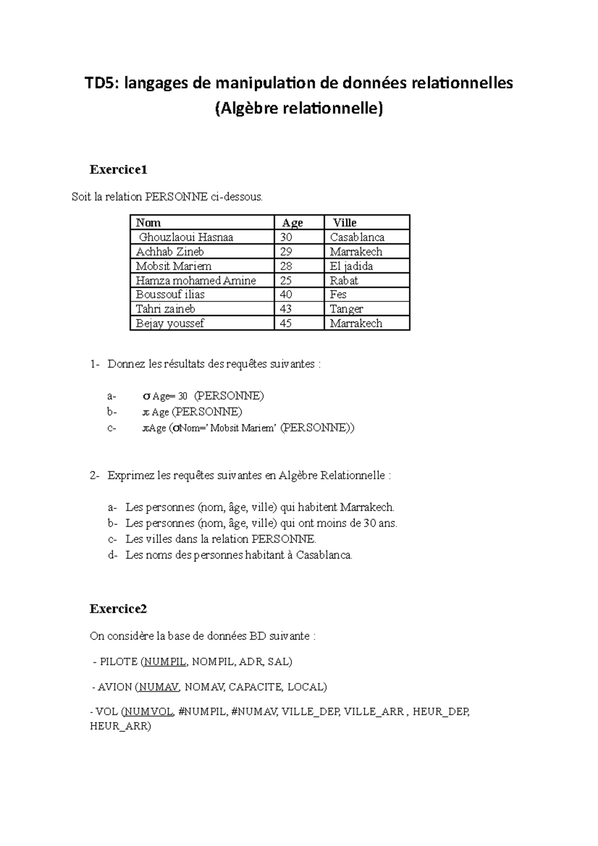 Travaux Dirigés : Base De Données. - TD5: Langages De Manipulation De ...