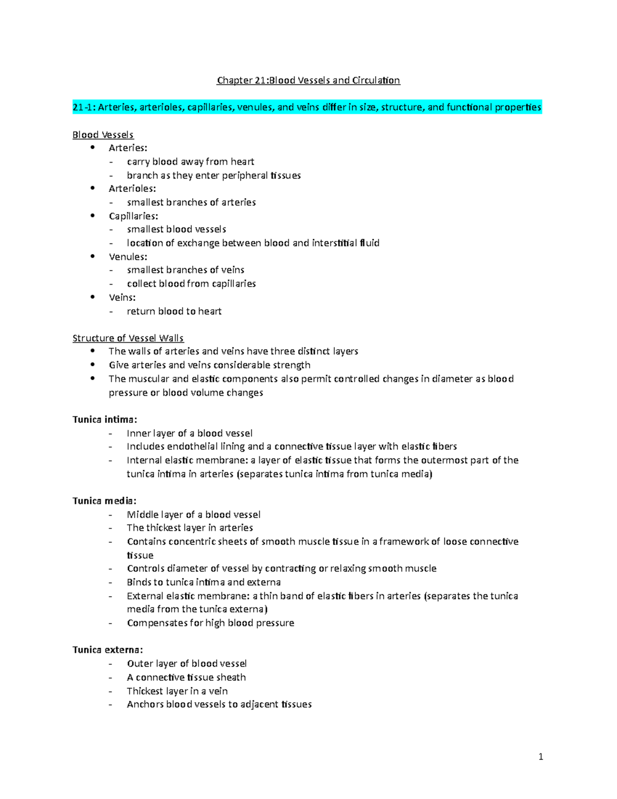 Chapter 21 Notes - Chapter 21:Blood Vessels and Circulation 21-1 ...