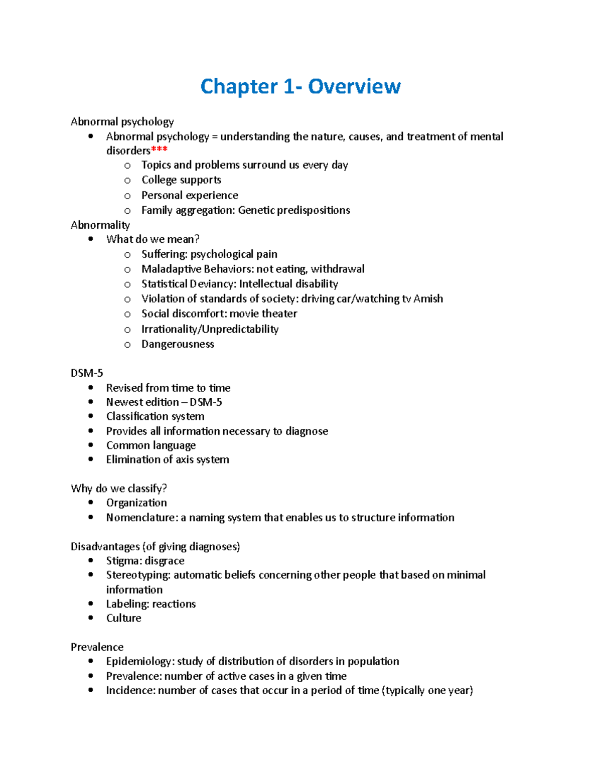 Psych Notes Unit 1 - Chapter 1- Overview Abnormal Psychology Abnormal ...