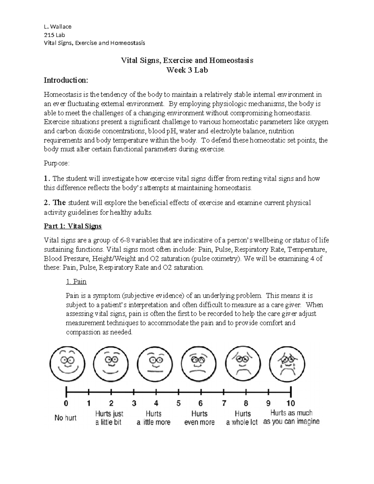 Vital Signs, Exercise and Homeostasis Lab Week 3 215 Lab Vital Signs, Exercise and Homeostasis