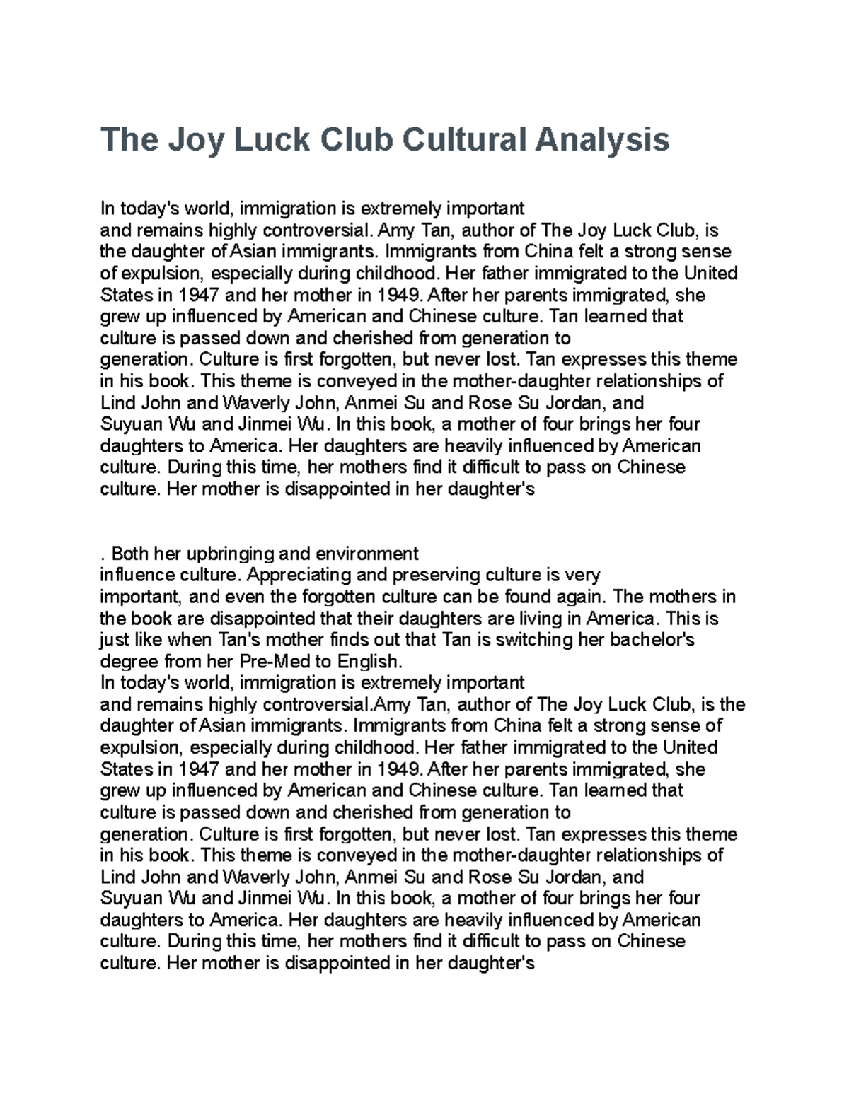 joy luck club analysis essay