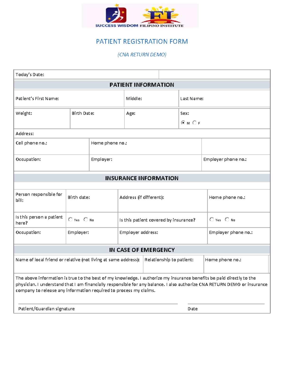 CNA Patient Form - ppt - PATIENT REGISTRATION FORM (CNA RETURN DEMO ...