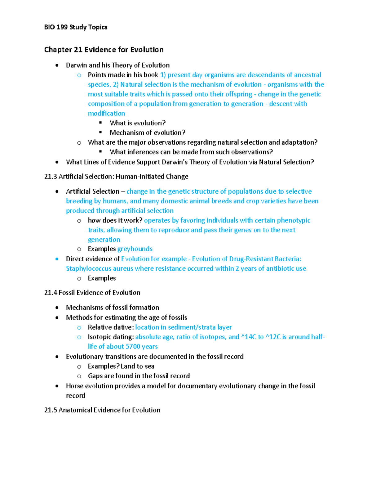 Chapter 21 Evidence for Evolution - BIO 199 Study Topics Chapter 21 ...