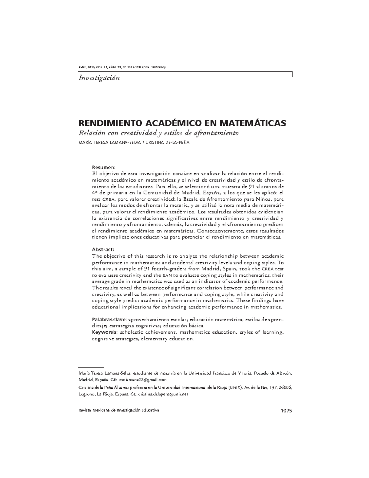 Rendimiento académico en matemáticas - Revista Mexicana de ...