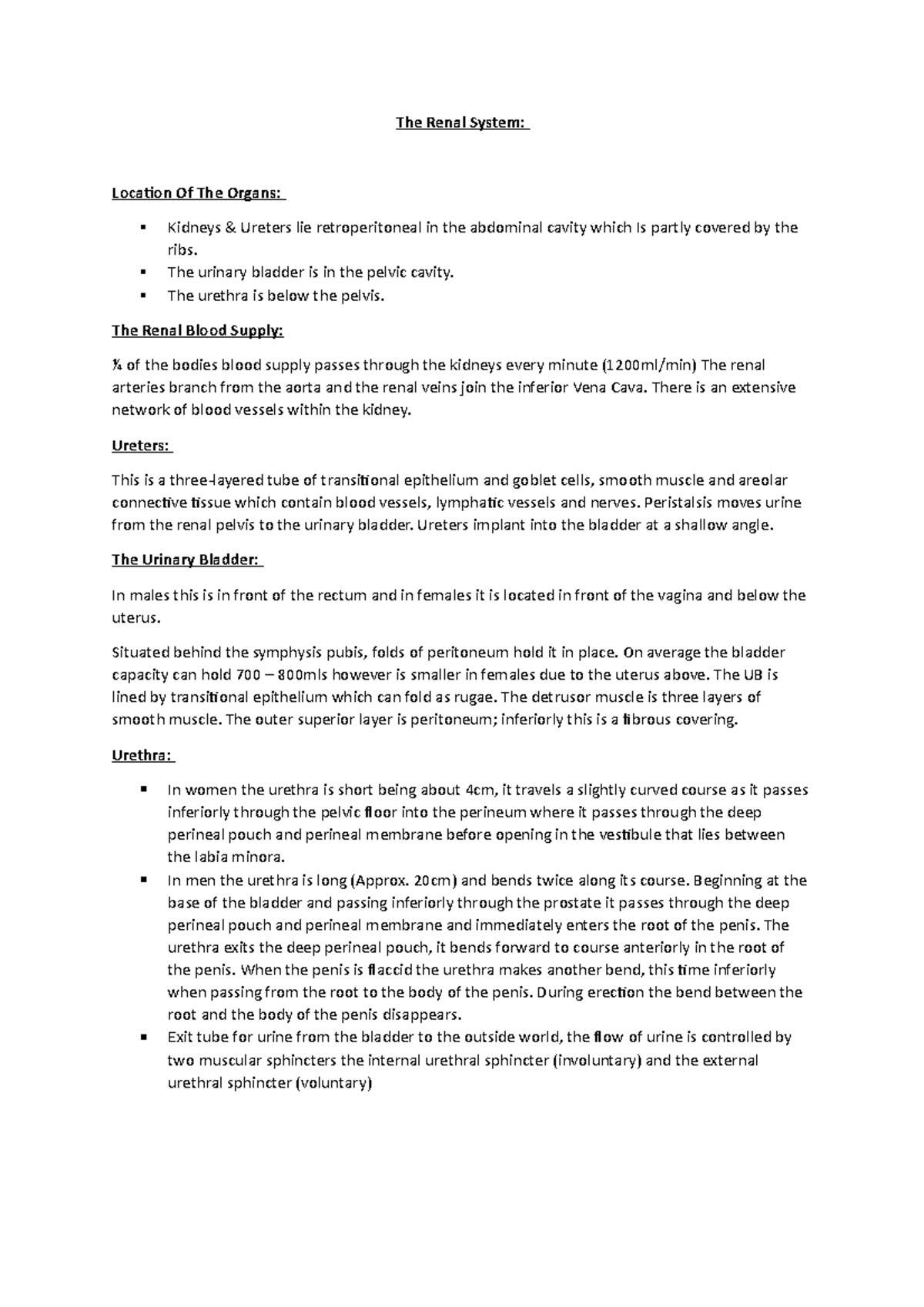 The Renal System - Lecture notes 1 - The Renal System: Locaion Of The ...