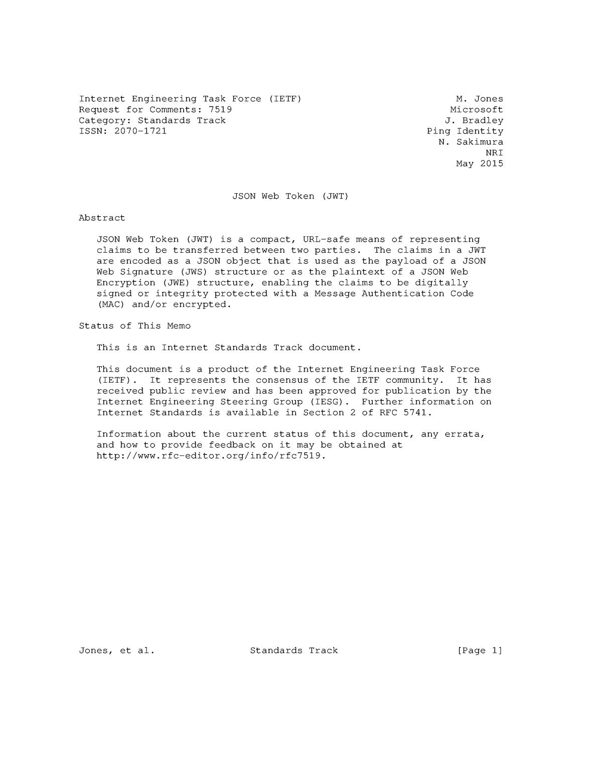 Rfc7519 - Internet Engineering Task Force (IETF) M. Jones Request for ...