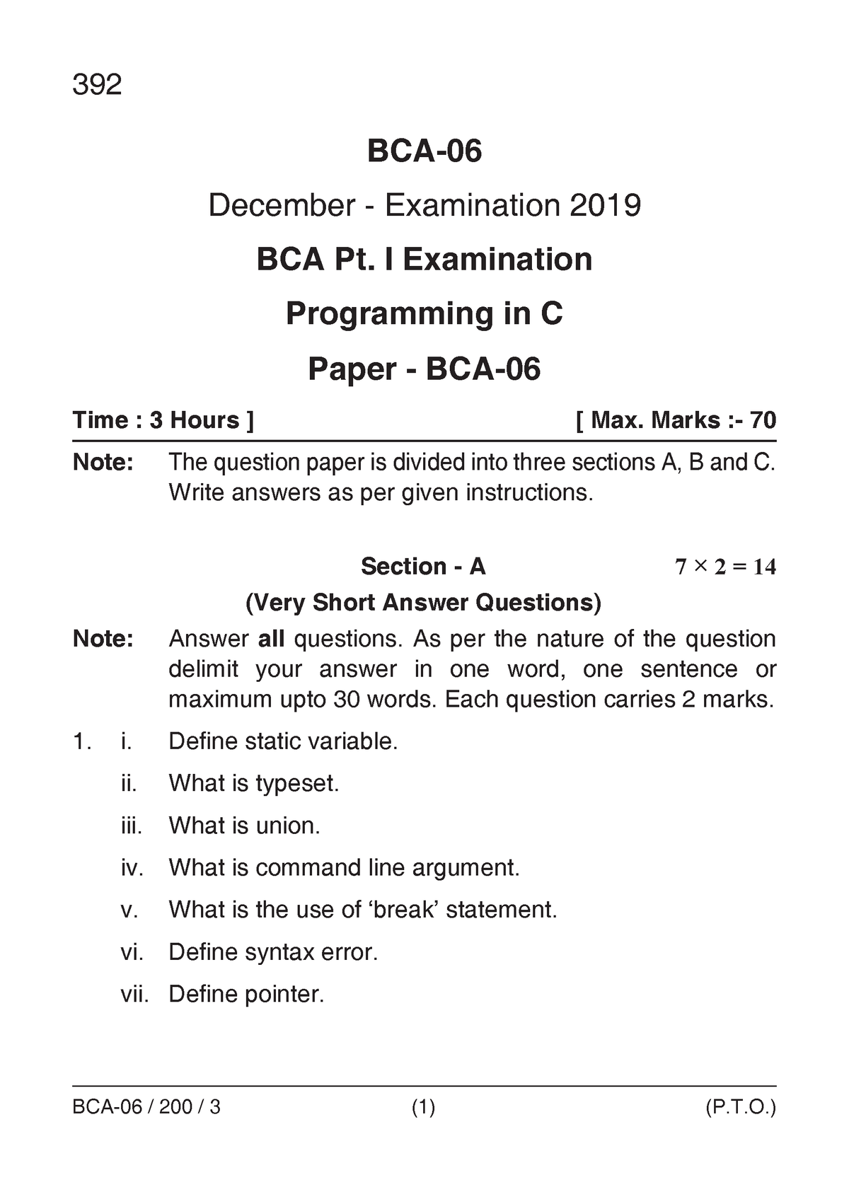 PIC - SDSUV question papers - BCA- December - Examination 2019 BCA Pt ...