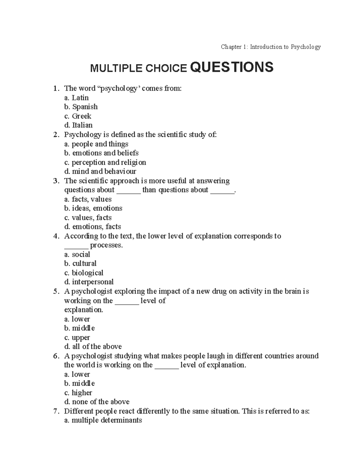 Sample/practice exam - Chapter 1: Introduction to Psychology MULTIPLE ...