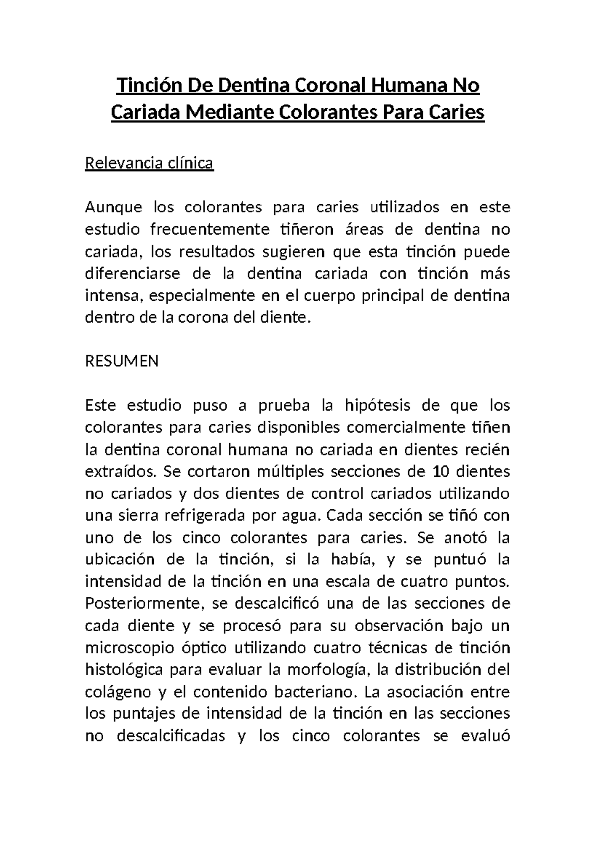 Tinción De Dentina Coronal Humana No Cariada Mediante Colorantes Para ...