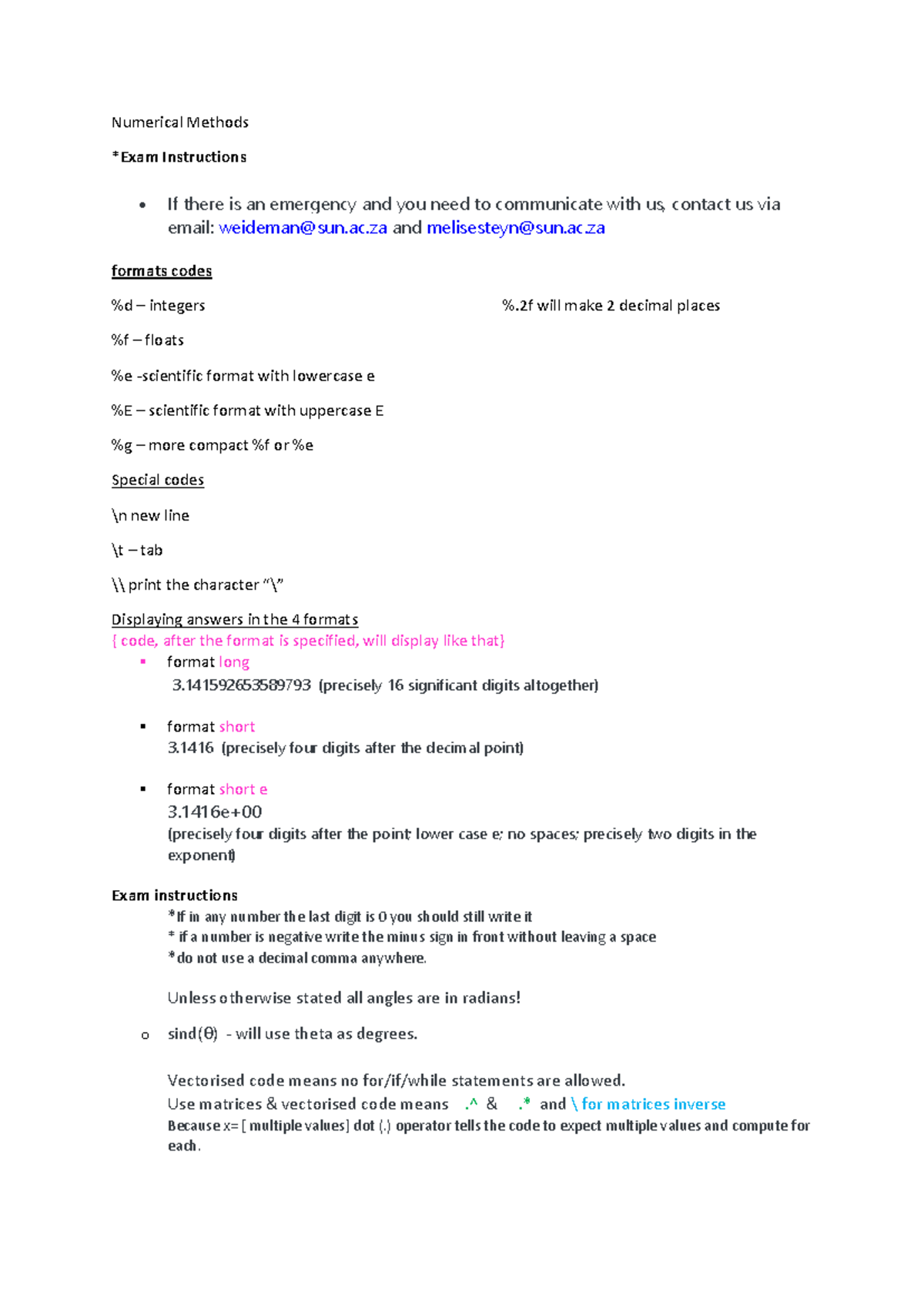 Numerical Methods cheat sheet - Numerical Methods *Exam Instructions If ...