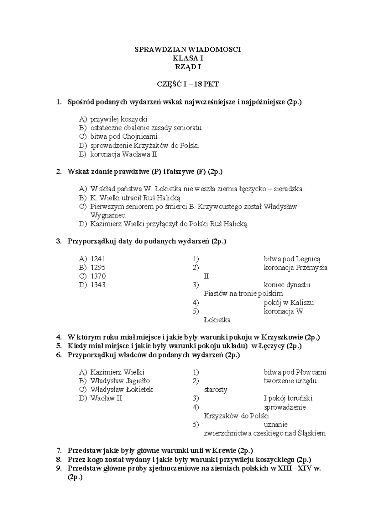 SPR -P. PiastóW XII-XV wiek. - wersja II - SPRAWDZIAN WIADOMOSCI KLASA