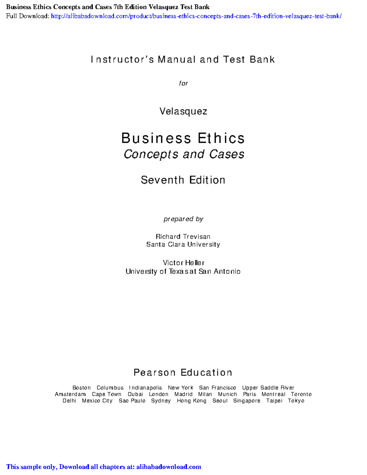 Business Ethics Concepts And Cases 7th Edition Velasquez Test Bank ...