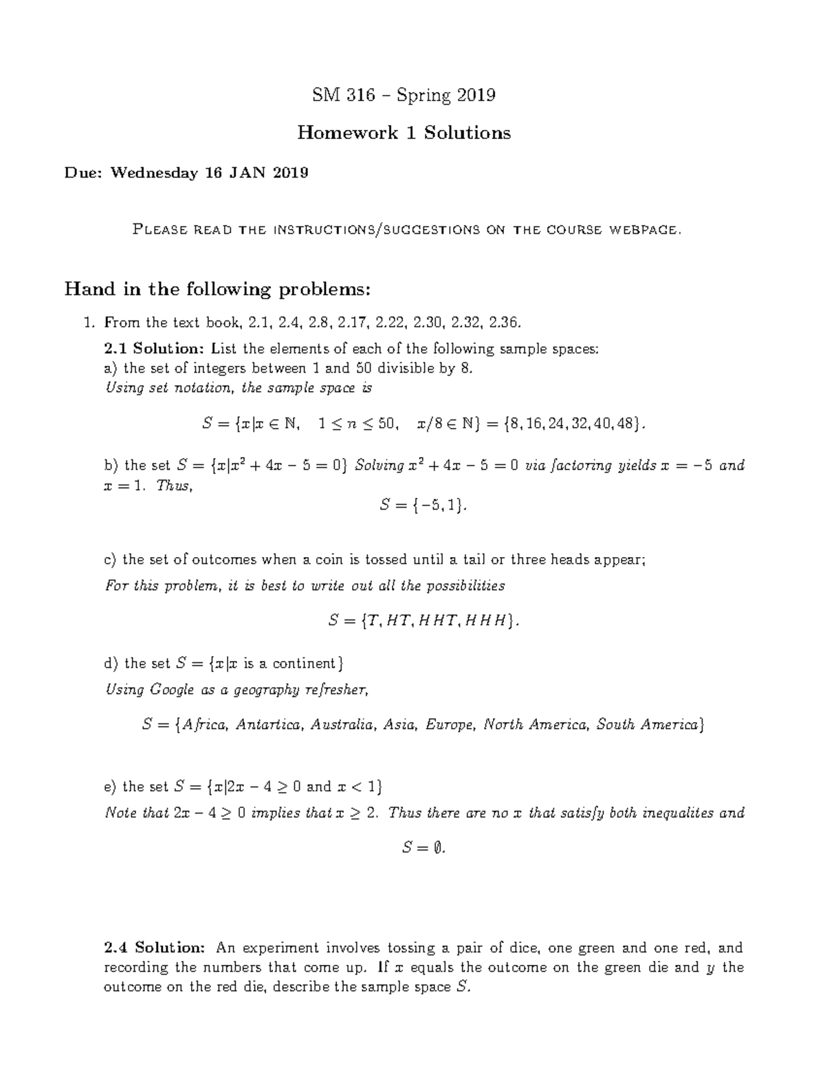 SM316 HW1 Solutions - SM 316 – Spring 2019 Homework 1 Solutions Due ...