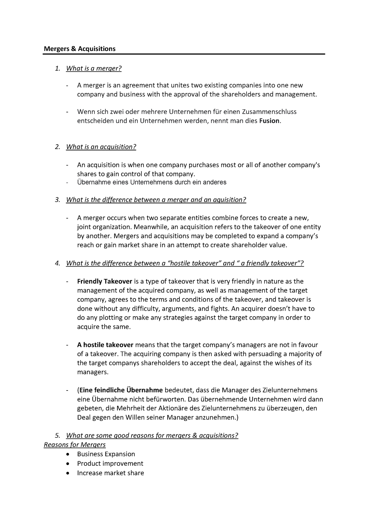 M&A - Zusammenfassung - Mergers & Acquisitions 1. What Is A Merger? A ...