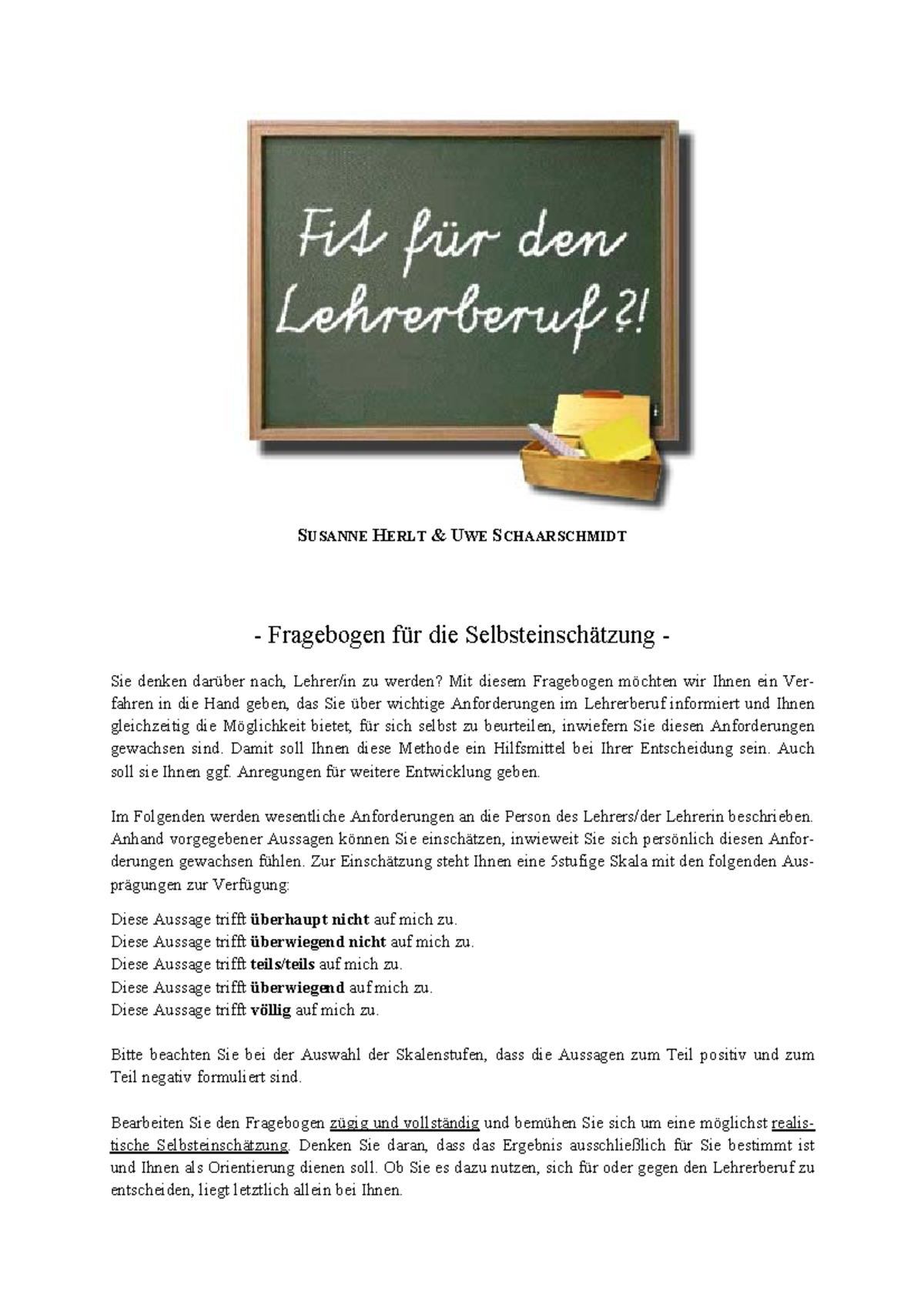 Psychologie Für Den Lehrberuf Fragebogen Fit für den Lehrberuf (Selbsteinschätzung) - SUSANNE HERLT