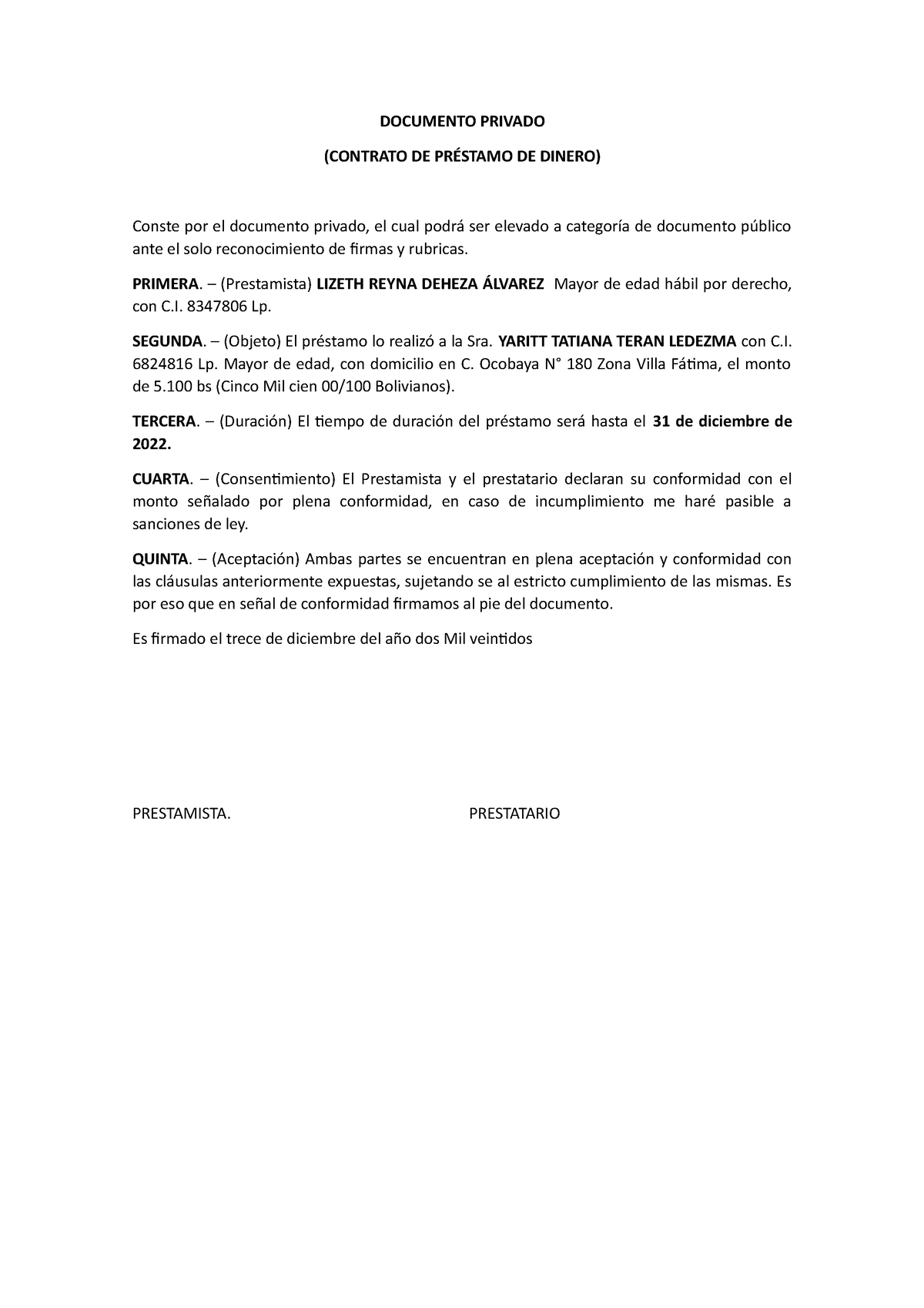 Contrato Documento Privado Contrato De PrÉstamo De Dinero Conste Por El Documento Privado 6478