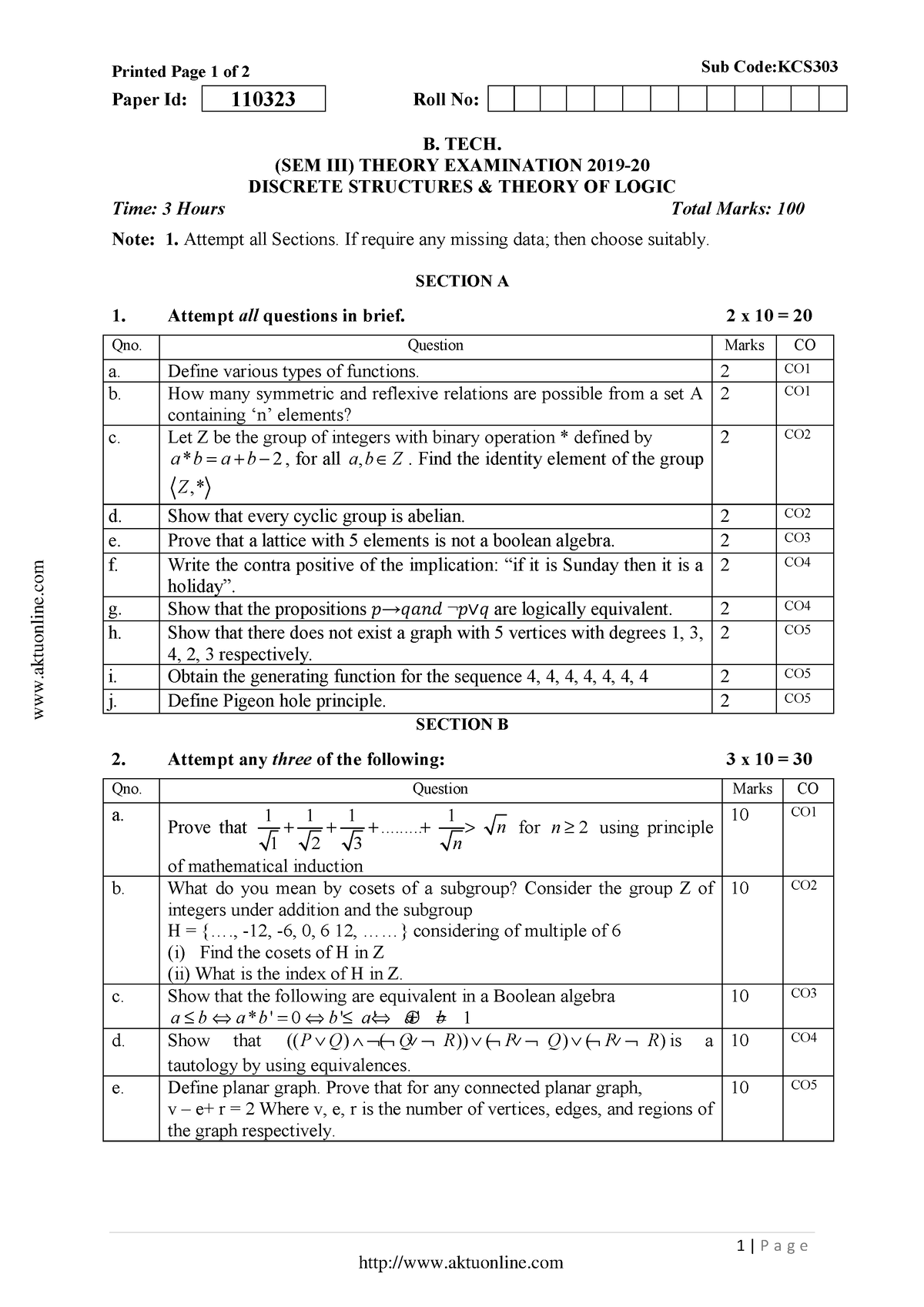 Btech Cs 3 Sem Discrete Structures And Theory Of Logic Kcs303 2020 ...