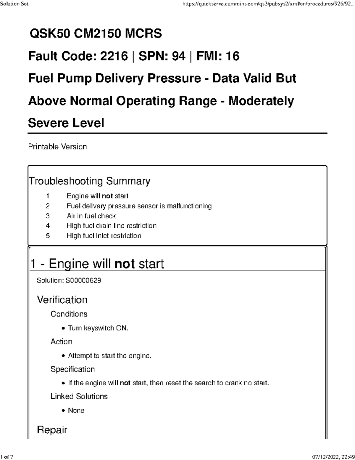 Solution Set FC 2216 QSK50 CM2150 MCRS Fault Code 2216 SPN 94