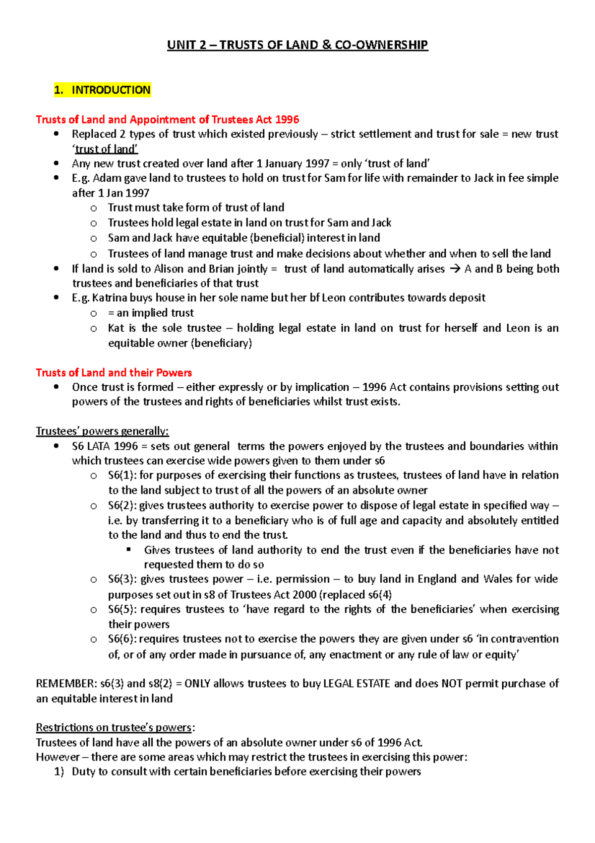 UNIT 2 trusts of land & co-ownership - UNIT 2 – TRUSTS OF LAND & CO ...