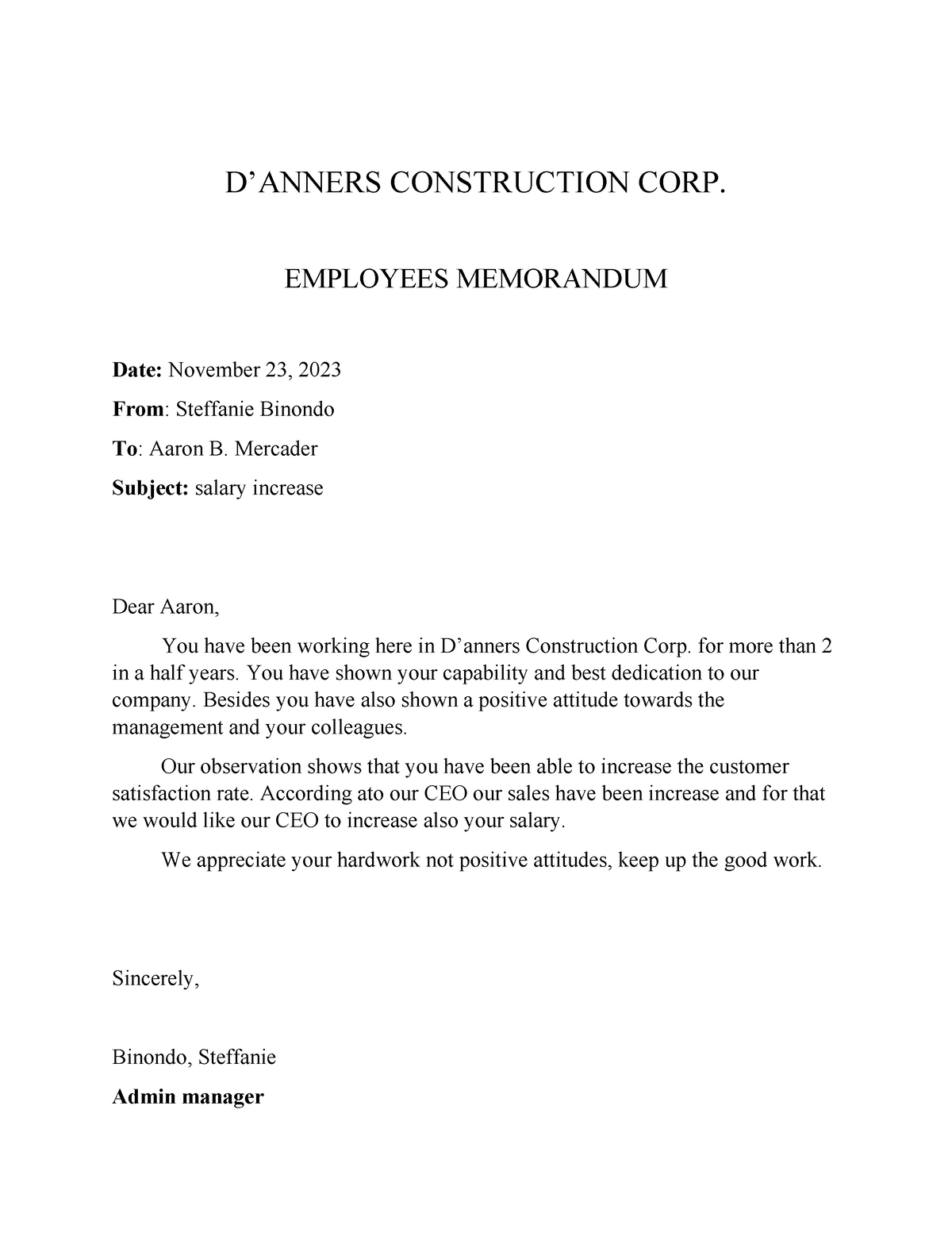 2 memo - AUDITING - D’ANNERS CONSTRUCTION CORP. EMPLOYEES MEMORANDUM ...