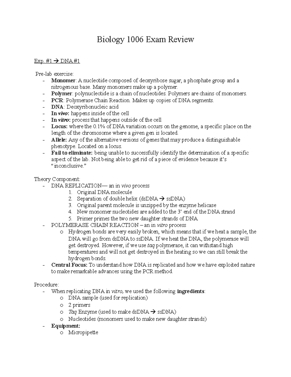 Biology 1006 Exam Review - Biology 1006 Exam Review Exp. #1 DNA # Pre ...