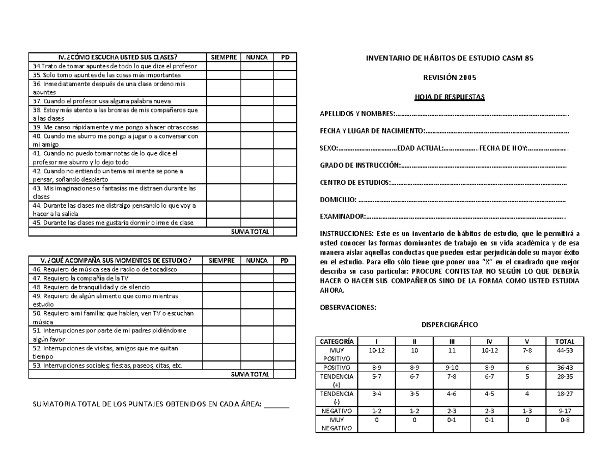 Protocolo - CASM 85 - IV. ¿CÓMO ESCUCHA USTED SUS CLASES? SIEMPRE NUNCA ...