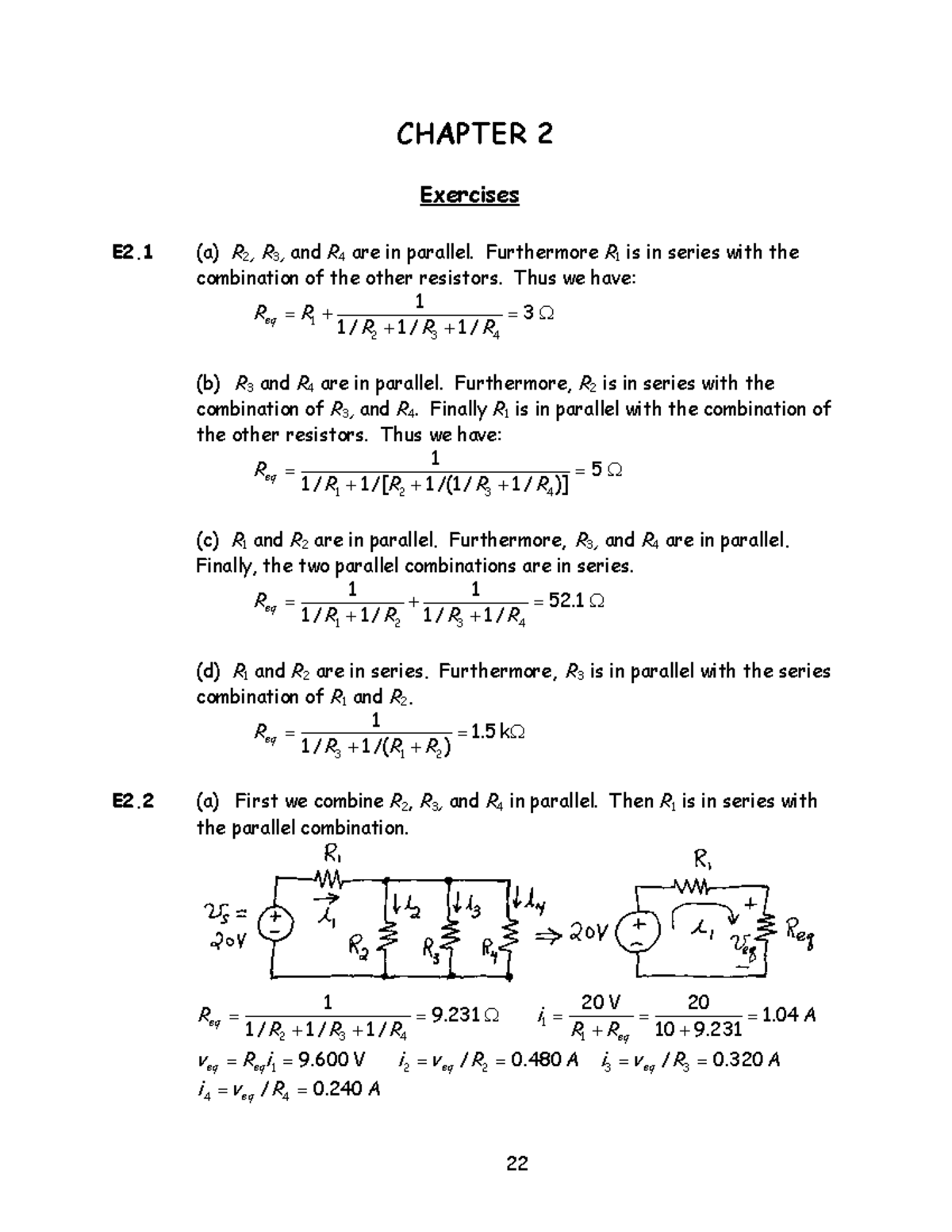 전기전자공학개론 4판 솔루션 답지 - CHAPTER 2 Exercises E2 (a) R 2 , R 3 , and R 4 are ...