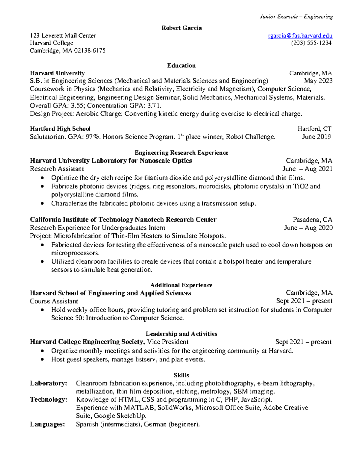 Sample CV - CV Template - Junior Example – Engineering Robert Garcia ...