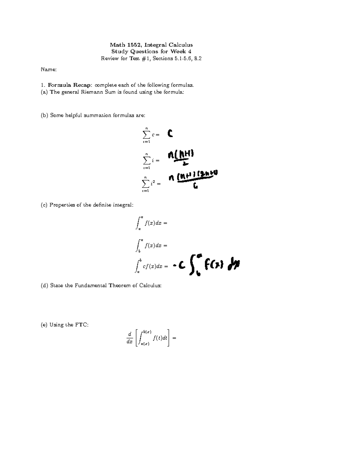 Test 1 Review session - Math 1552, Integral Calculus Study Questions ...