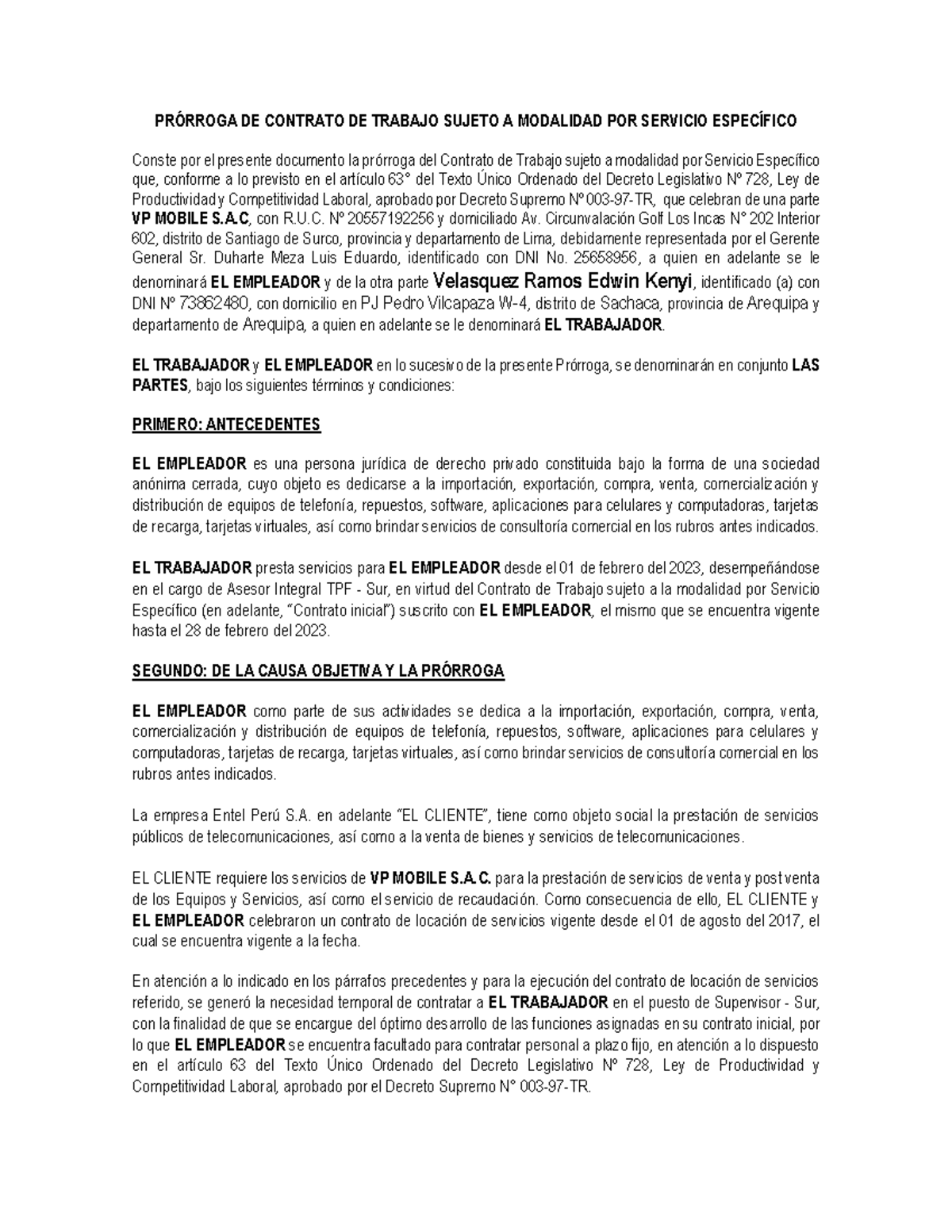 Edwin Velasquez - Contrato Marzo 2023 - PRÓRROGA DE CONTRATO DE TRABAJO ...