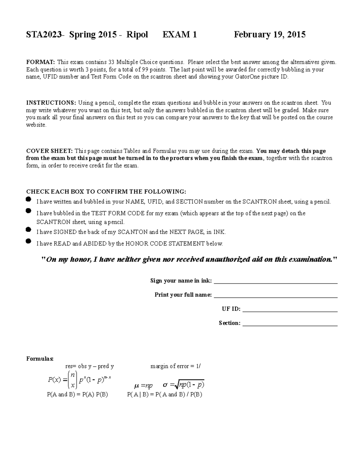 Spring 2015 Exam 1 Ripol - STA2023- Spring 2015 - Ripol EXAM 1 February ...