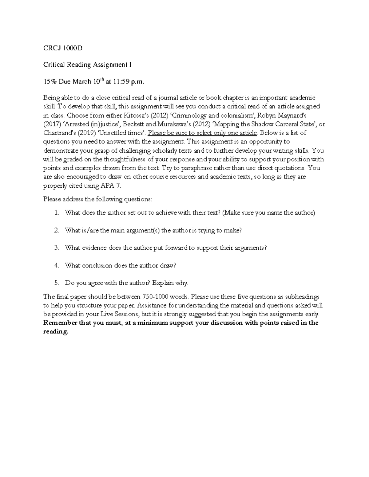 Critical Reading Assignment 1 - CRCJ 1000D Critical Reading Assignment ...