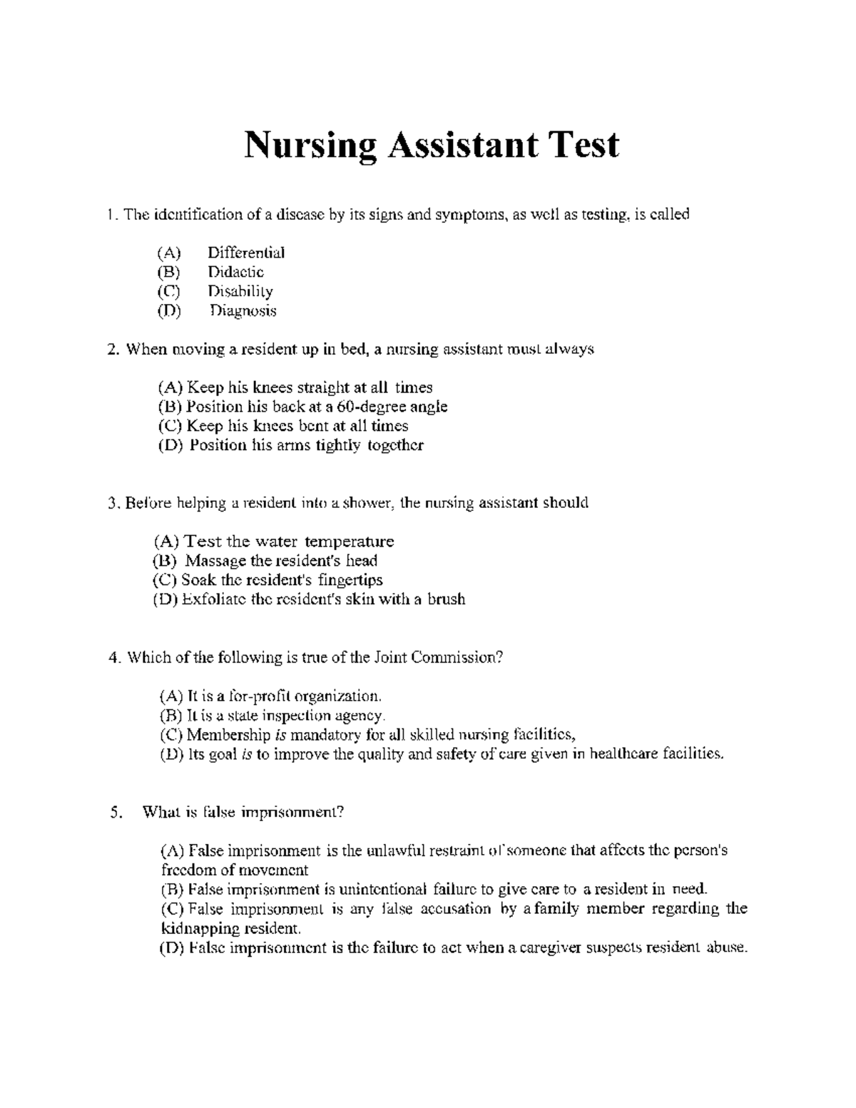 Nursing Assistant Quiz 1 - NUR201 - Cincinnati State - Studocu