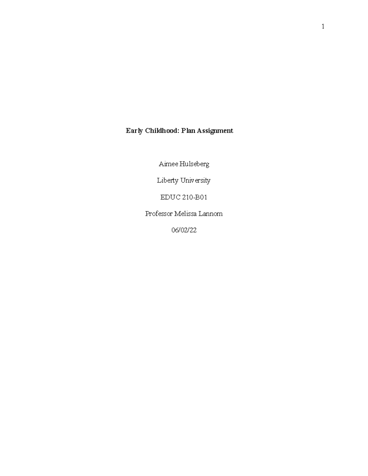 Early Childhood Plan Assignment Early Childhood Plan Assignment