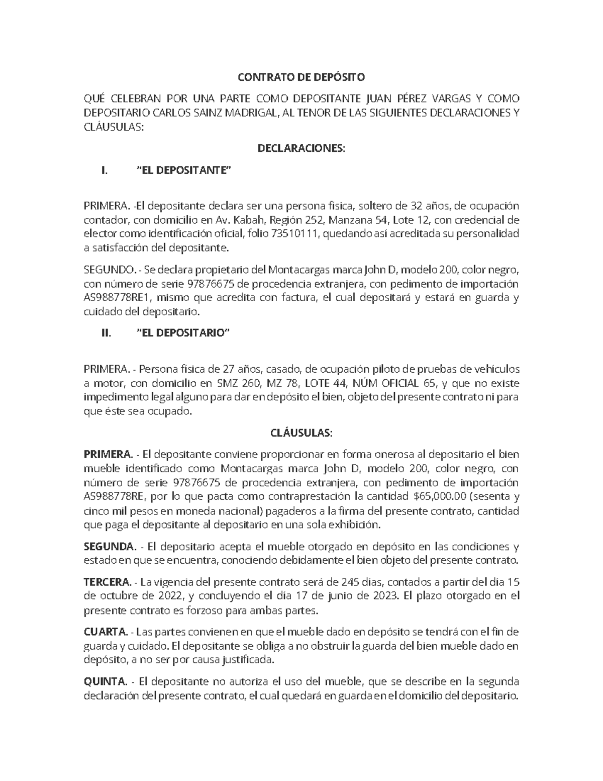 Contrato De Deposito V2 - CONTRATO DE DEP”SITO QU... CELEBRAN POR UNA ...