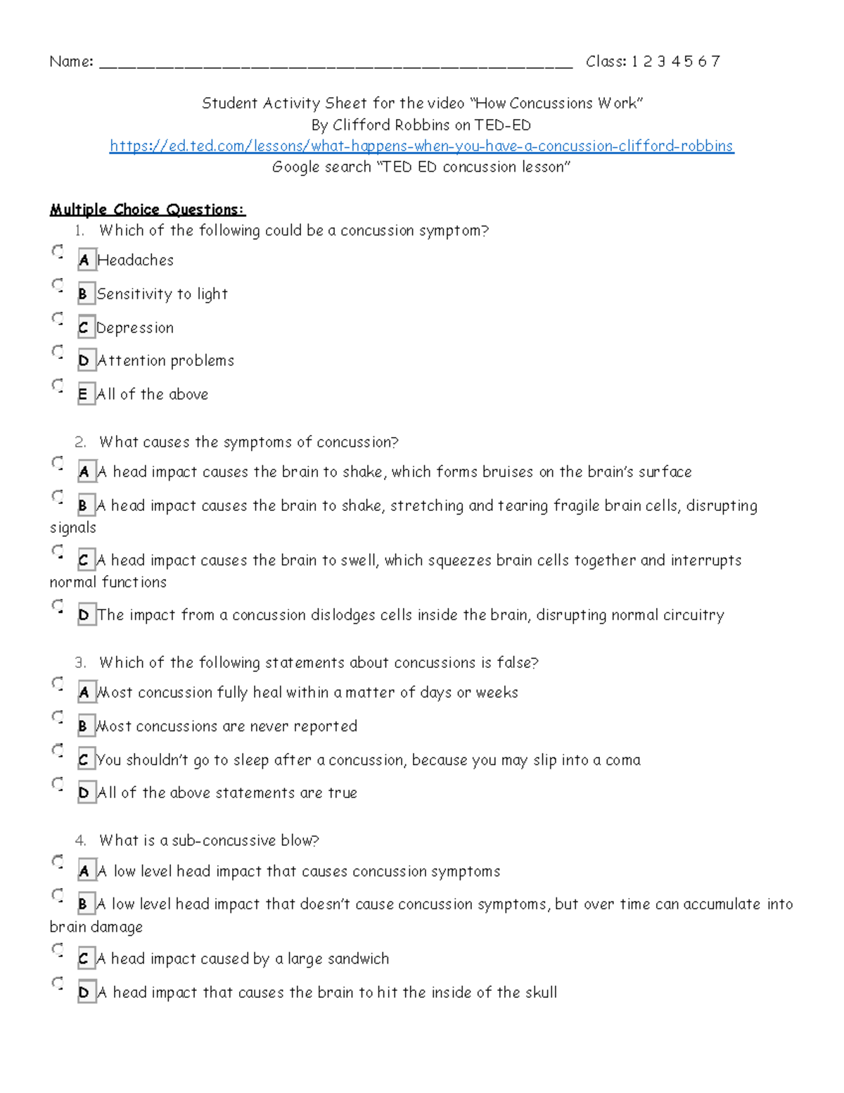 Concussion Multiple choice from ted ed - Name