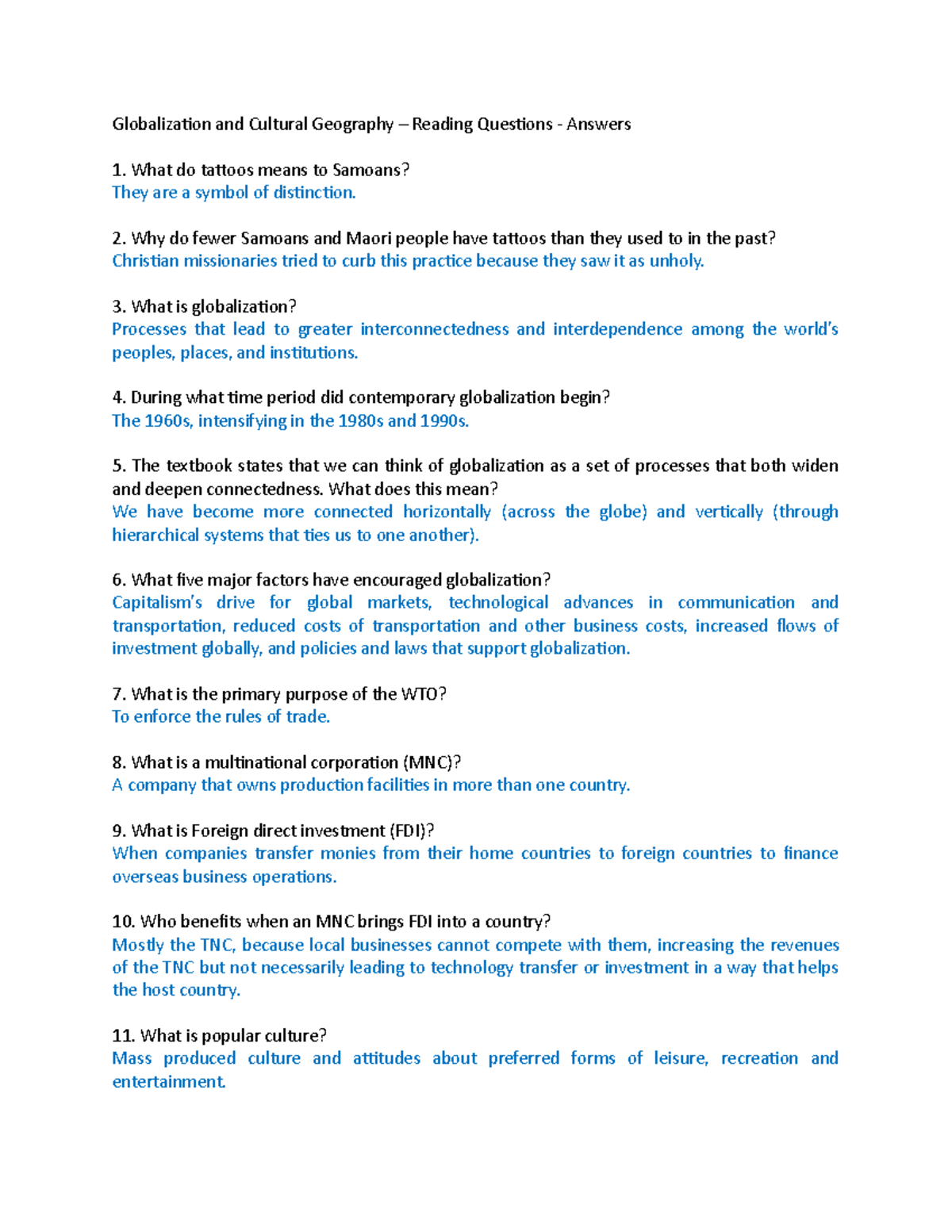 Reading 4 Cultural Globalization - Answers - Globalization And Cultural ...