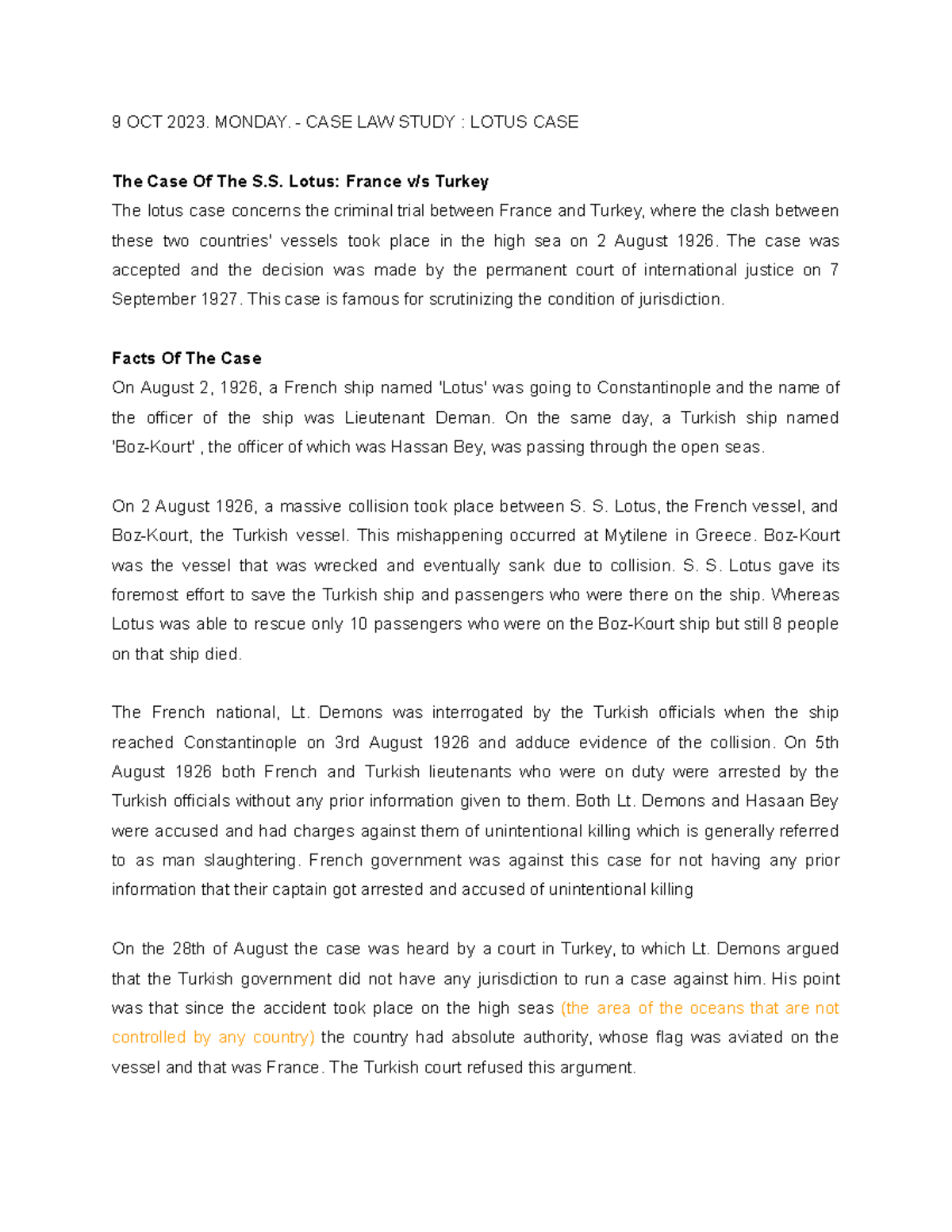 Case of S.S.LOTUS 9 OCT 2023. MONDAY. CASE LAW STUDY LOTUS CASE