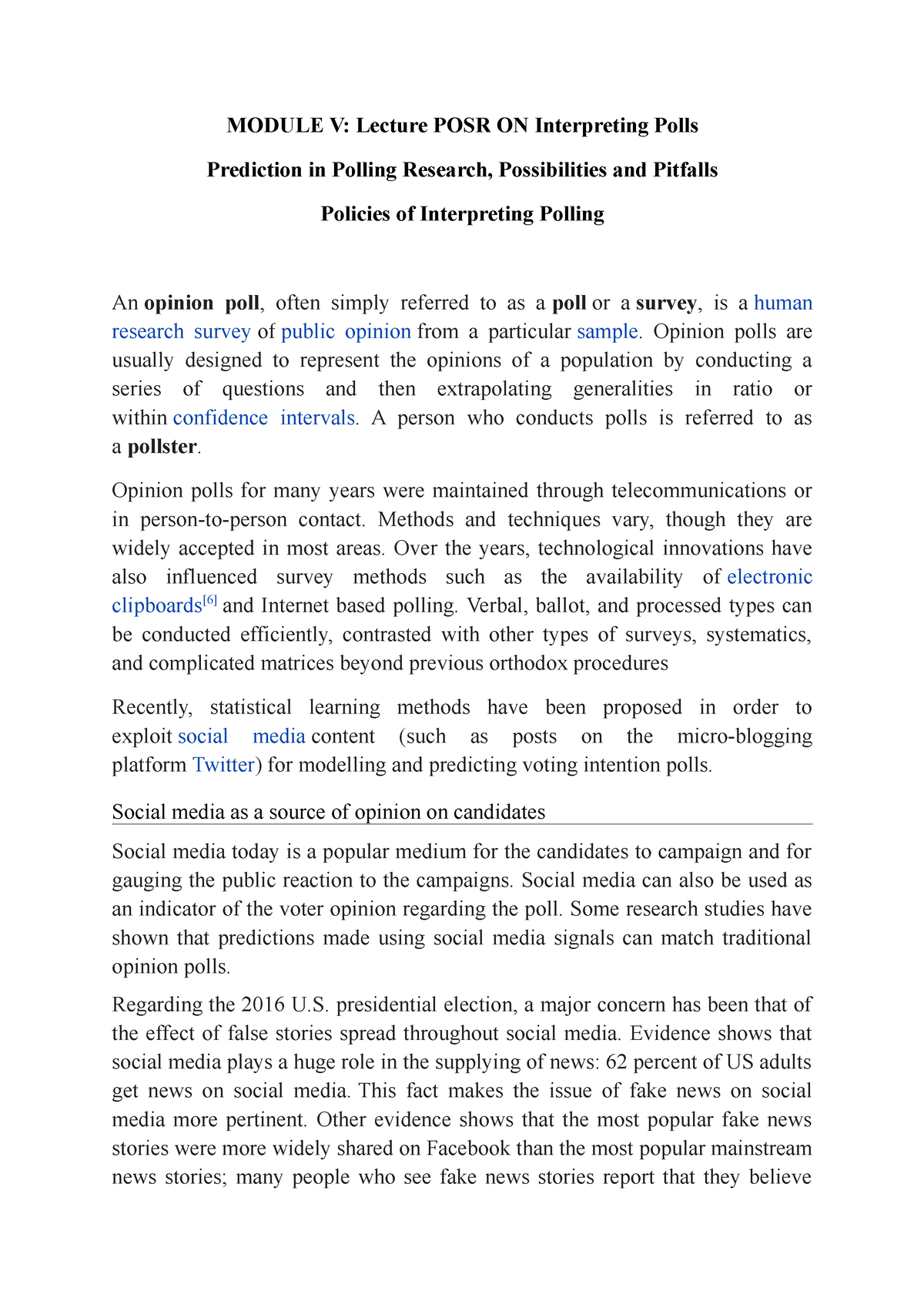 POSR Lecture 2 ON Interpreting Polls MODULE V Lecture POSR ON