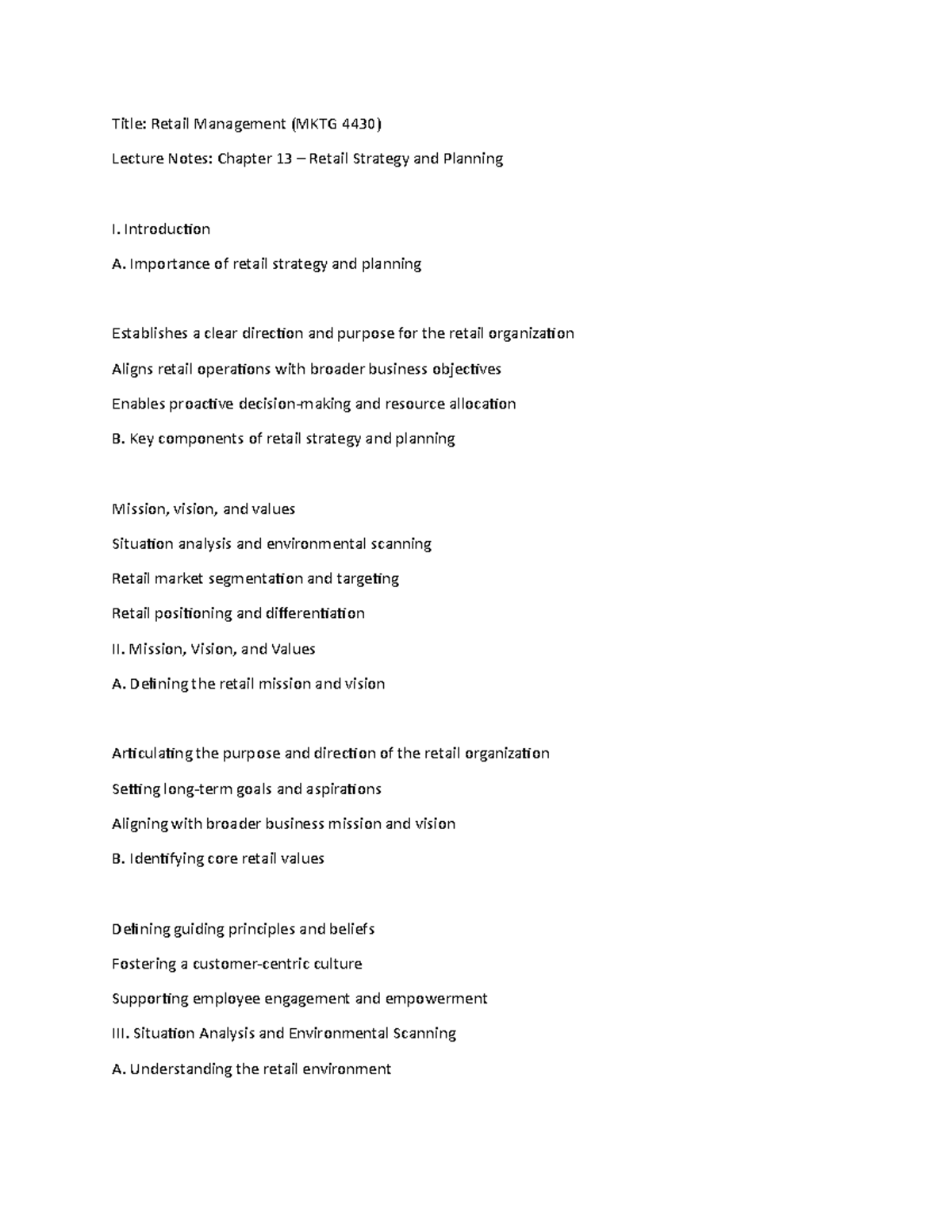 Retail Management 13 - Introduction A. Importance of retail strategy ...