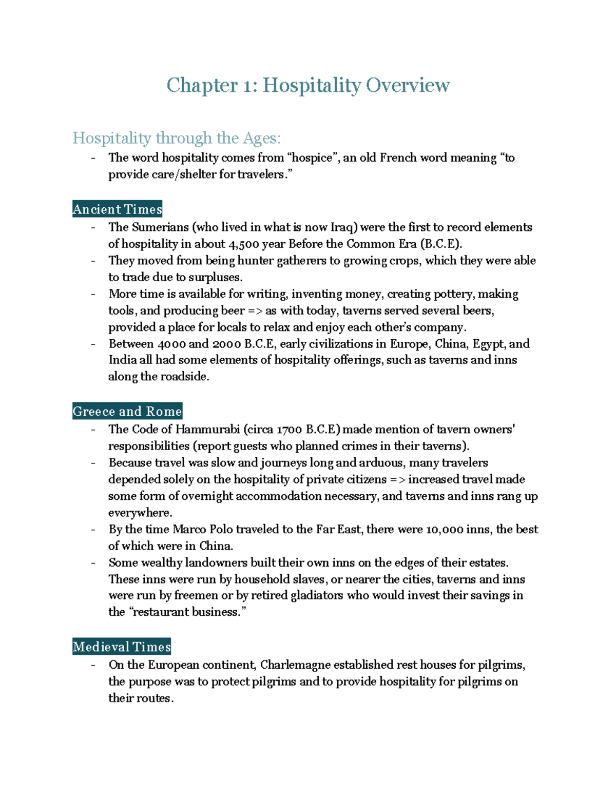 Chapter 1 Hospitality Overview - Chapter 1: Hospitality Overview ...